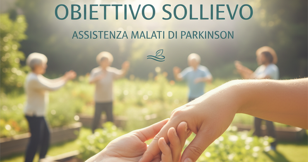 Progetto Obiettivo Sollievo per l'assistenza ai malati di Parkinson. Immagine di persone anziane all'aperto, che interagiscono felici tra loro con in primo piano due mani che si tengono insieme